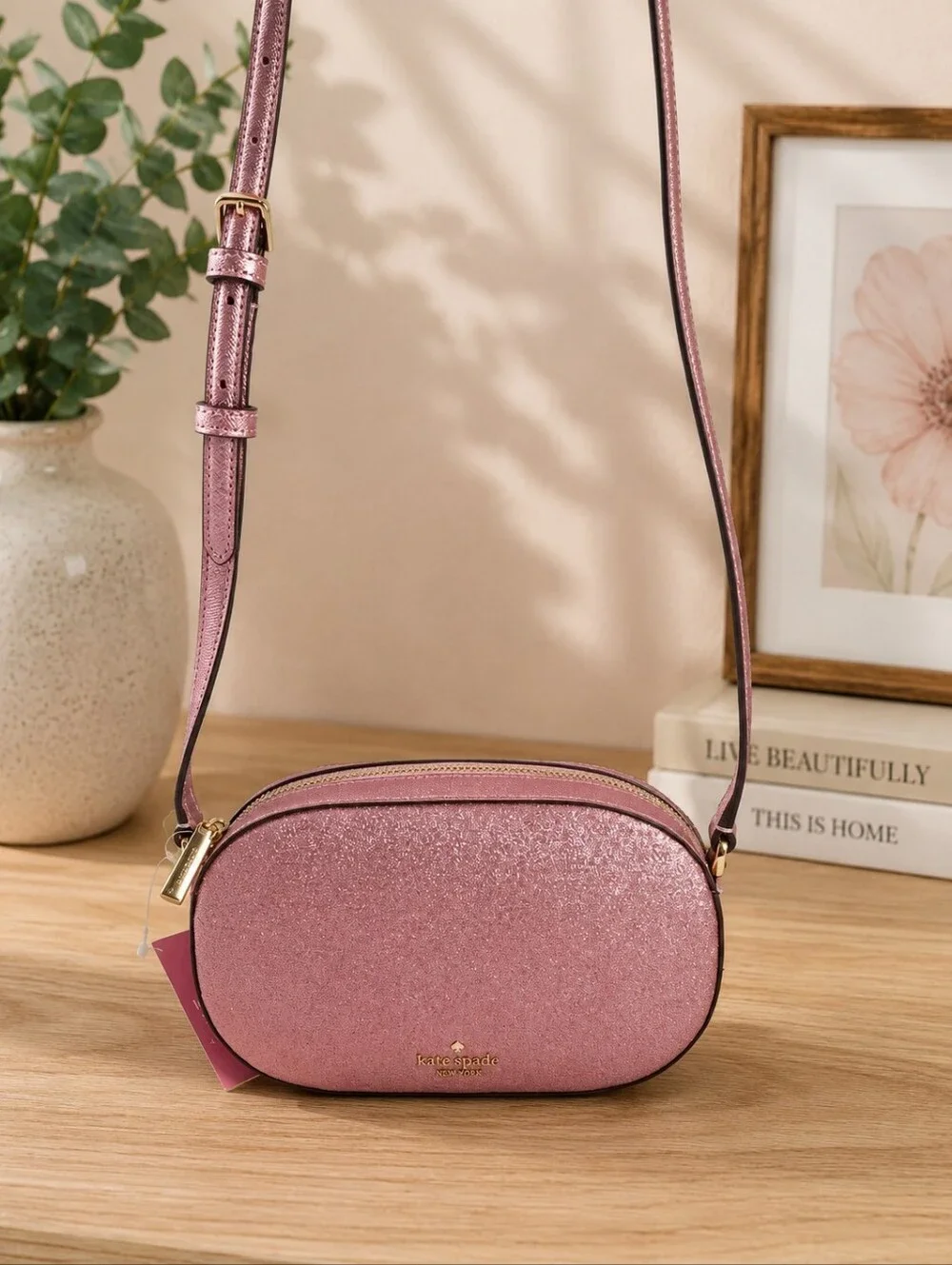 Kate Spade Glimmer Oval Camera Crossbody Mitten Pink Glitter NWT